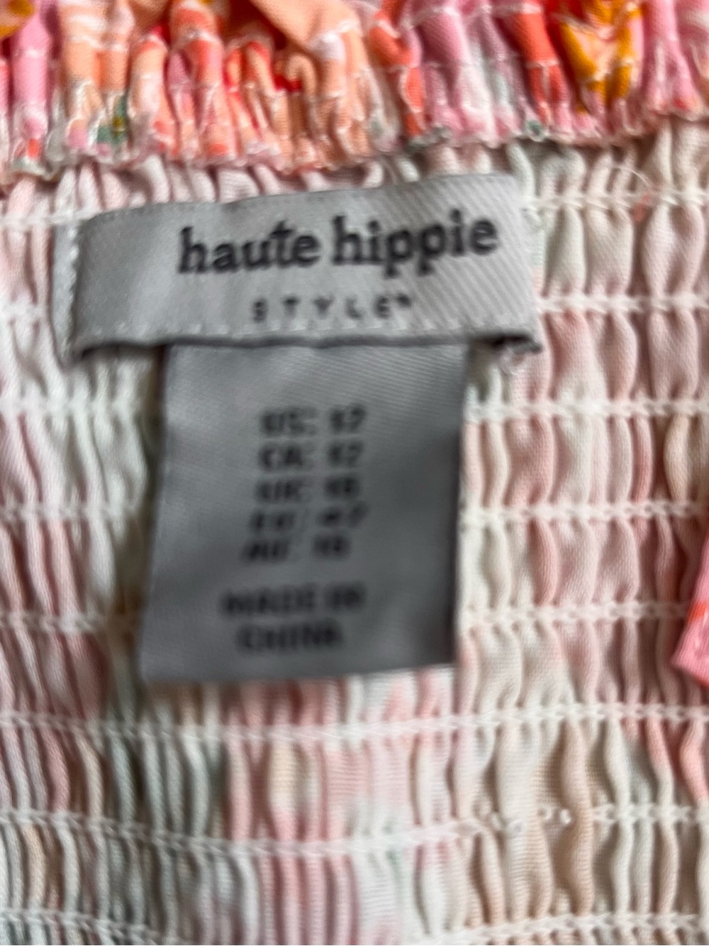 Haute Hippie Dress Sz 12 Pink White Floral Tiered Ruffle Smocked Midi Boho Beach - Picture 7 of 8